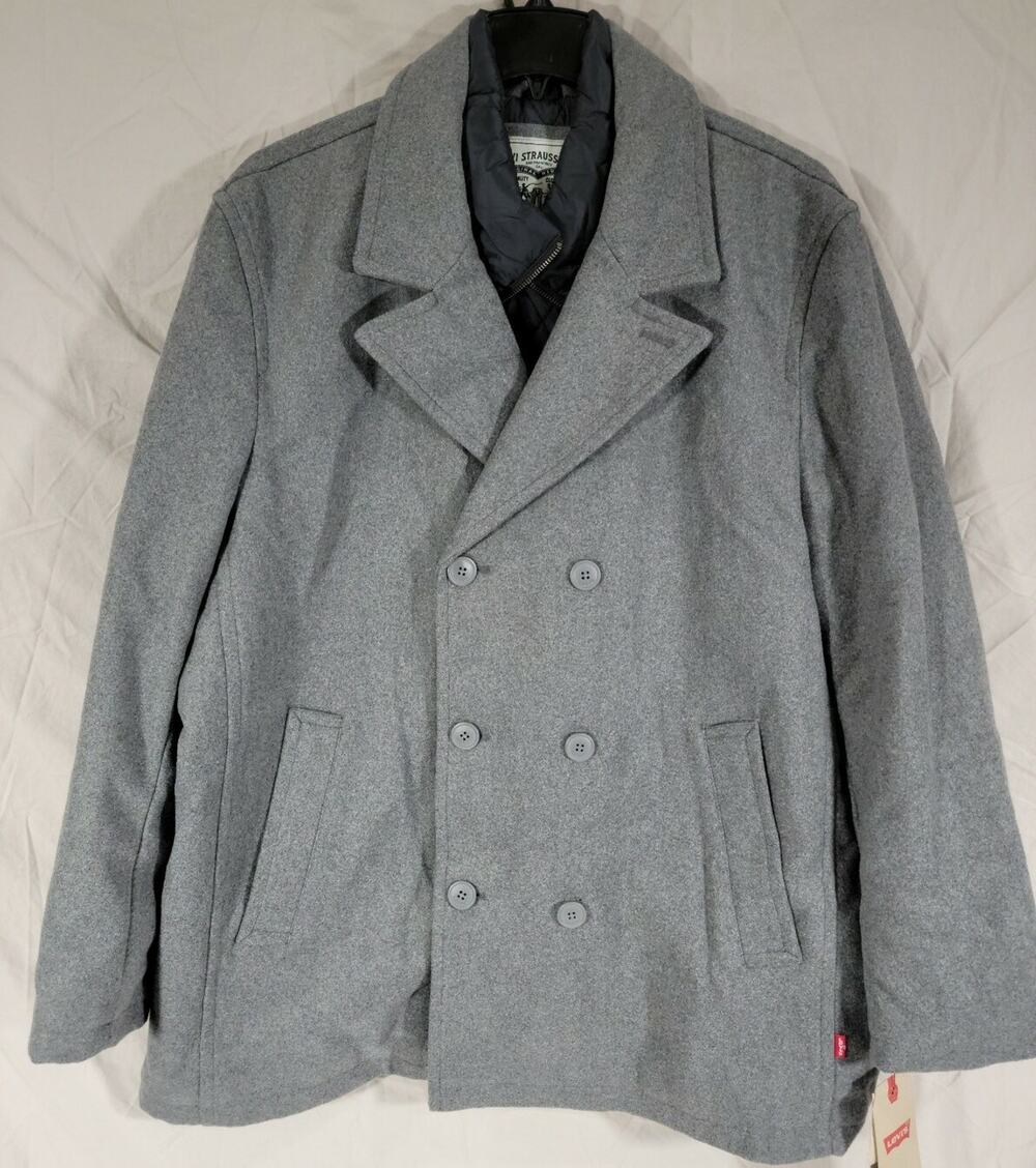 Levi's Peacoat Jacket Men's Small Wool-Blend with Puffer Bib Light Gray LM0JP370